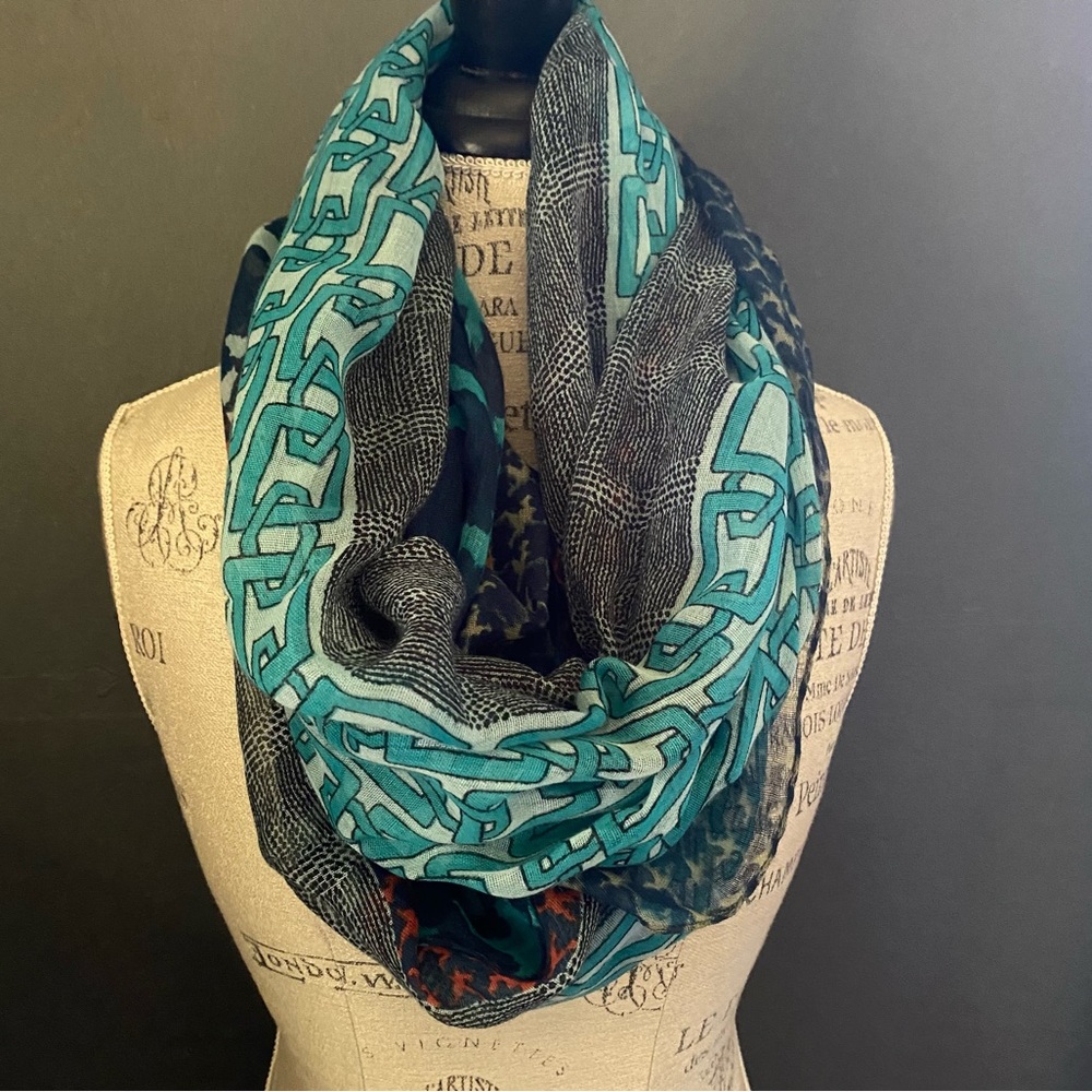 Lightweight multi print design teal and navy blue infinity scarf